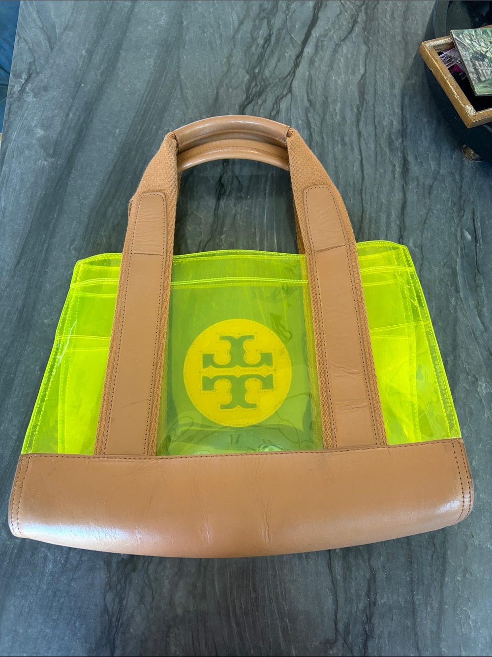 Tory Burch Neon Yellow Clear Tote with Tan Trim - Picture 6 of 11